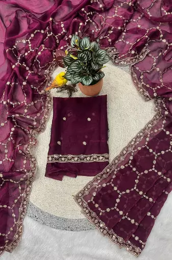 Wine color Sequins With Zari Thread Embroidery work with cutwork Border Chiffon saree