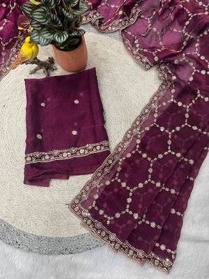 Wine color Sequins With Zari Thread Embroidery work with cutwork Border Chiffon saree 3