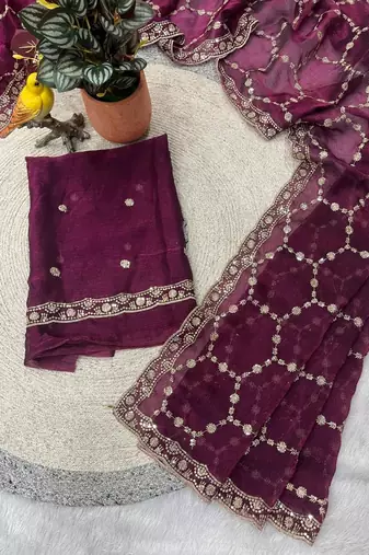 Wine color Sequins With Zari Thread Embroidery work with cutwork Border Chiffon saree