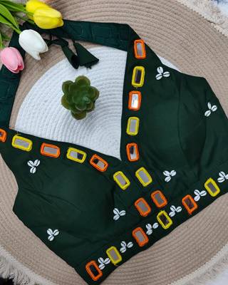 Green navratri kodi mirror work rayon silk blend  blouse blouse 2