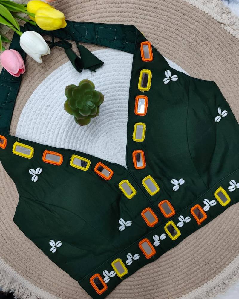 Green navratri kodi mirror work rayon silk blend  blouse blouse