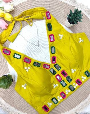 Yellow navratri kodi mirror work rayon silk blend blouse blouse 2
