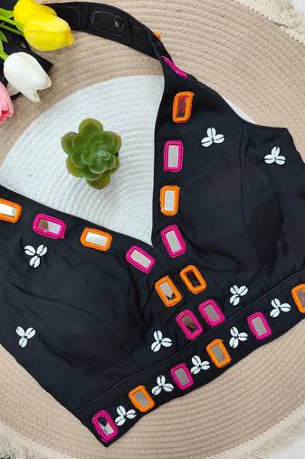Black navratri kodi mirror work rayon silk blend blouse blouse