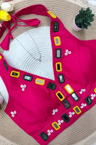 Pink navratri kodi mirror work rayon silk blend blouse blouse