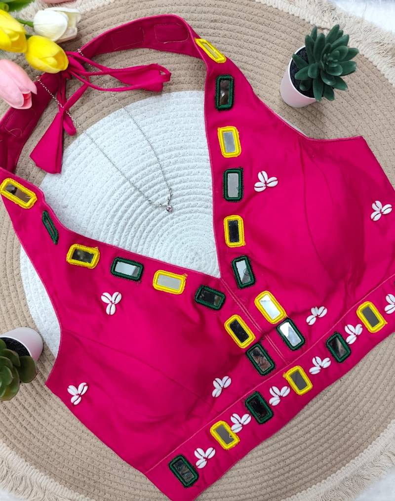 Pink navratri kodi mirror work rayon silk blend blouse blouse