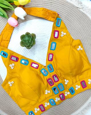 Yellow navratri kodi mirror work rayon silk blend blouse blouse 1