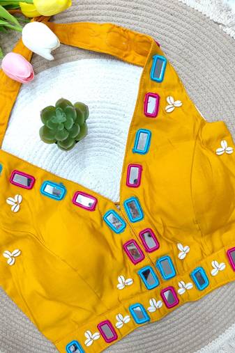 Yellow navratri kodi mirror work rayon silk blend blouse blouse