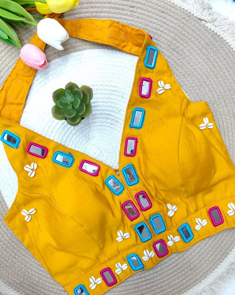Yellow navratri kodi mirror work rayon silk blend blouse blouse