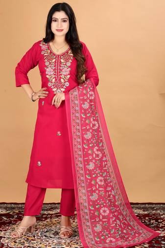 Women's Beautiful Embroidery Work Mul Chanderi Fabric Straight Kurta Pant and Dupatta Set