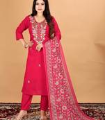 Women's Beautiful Embroidery Work Mul Chanderi Fabric Straight Kurta Pant and Dupatta Set