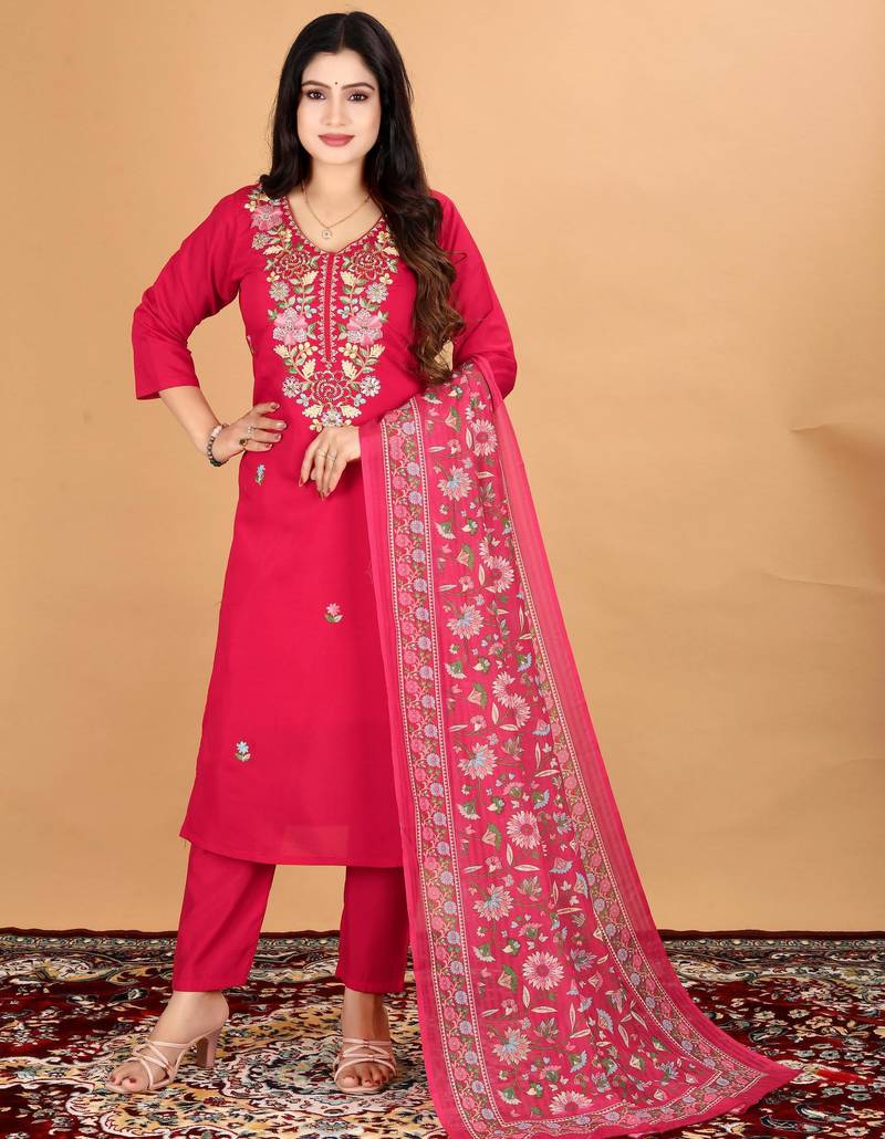 Women's Beautiful Embroidery Work Mul Chanderi Fabric Straight Kurta Pant and Dupatta Set