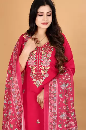 Women's Beautiful Embroidery Work Mul Chanderi Fabric Straight Kurta Pant and Dupatta Set