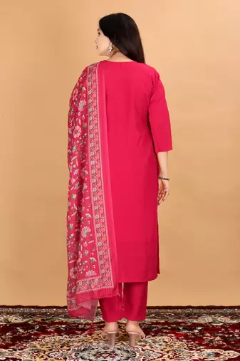 Women's Beautiful Embroidery Work Mul Chanderi Fabric Straight Kurta Pant and Dupatta Set