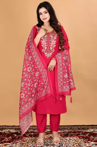 Women's Beautiful Embroidery Work Mul Chanderi Fabric Straight Kurta Pant and Dupatta Set