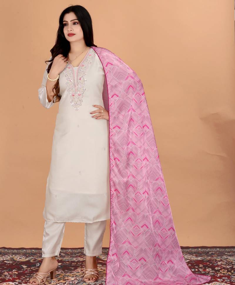 Embroidery Silk Fabric Straight Kurta Pant and Dupatta Set