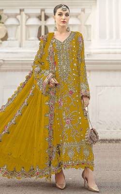 Mustard yellow heavy zari work kurti suit set 1
