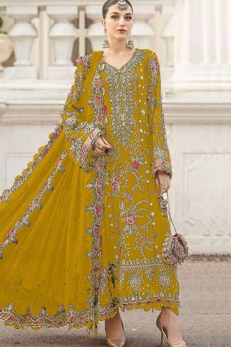 Mustard yellow heavy zari work kurti suit set