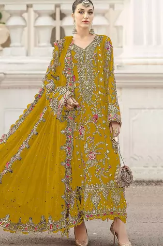 Mustard yellow heavy zari work kurti suit set