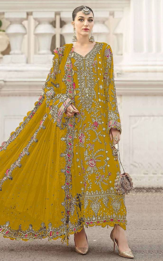 Mustard yellow heavy zari work kurti suit set