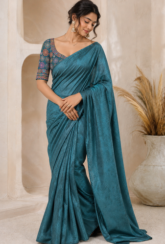 Emerald Color Original flower design work work with floral design Silk blend Saree