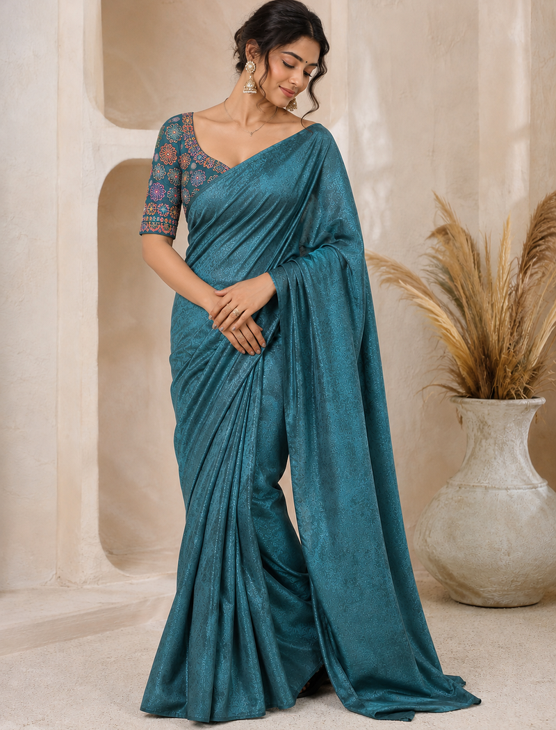 Emerald Color Original flower design work work with floral design Silk blend Saree