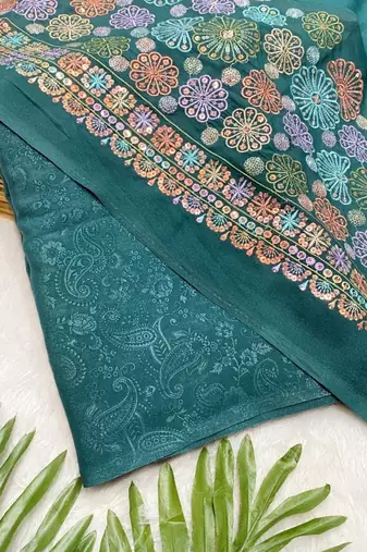 Emerald Color Original flower design work work with floral design Silk blend Saree