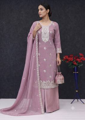 Pink embroidered unstitched silk blend suit material with heavy neck & border mirror work dupatta set 1