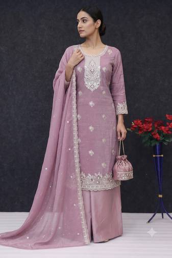Pink embroidered unstitched silk blend suit material with heavy neck & border mirror work dupatta set