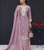 Pink embroidered unstitched silk blend suit material with heavy neck & border mirror work dupatta set