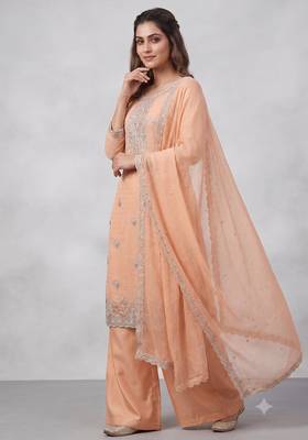 Orange embroidered unstitched silk blend  suit material with heavy neck & border mirror work dupatta set 1