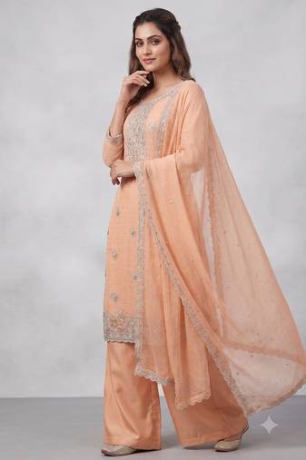 Orange embroidered unstitched silk blend  suit material with heavy neck & border mirror work dupatta set