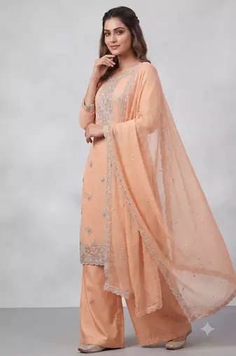Orange embroidered unstitched silk blend  suit material with heavy neck & border mirror work dupatta set