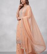 Orange embroidered unstitched silk blend  suit material with heavy neck & border mirror work dupatta set