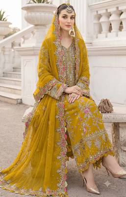 Mustard yellow heavy zari work kurti suit set 2