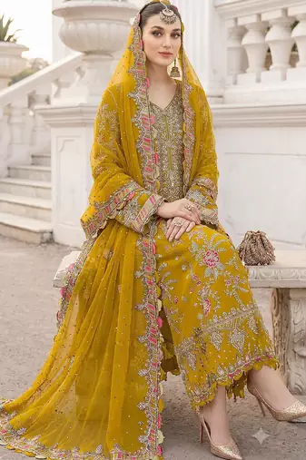 Mustard yellow heavy zari work kurti suit set