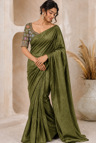 Mahendi Color Original flower design work work with floral design Silk blend Saree