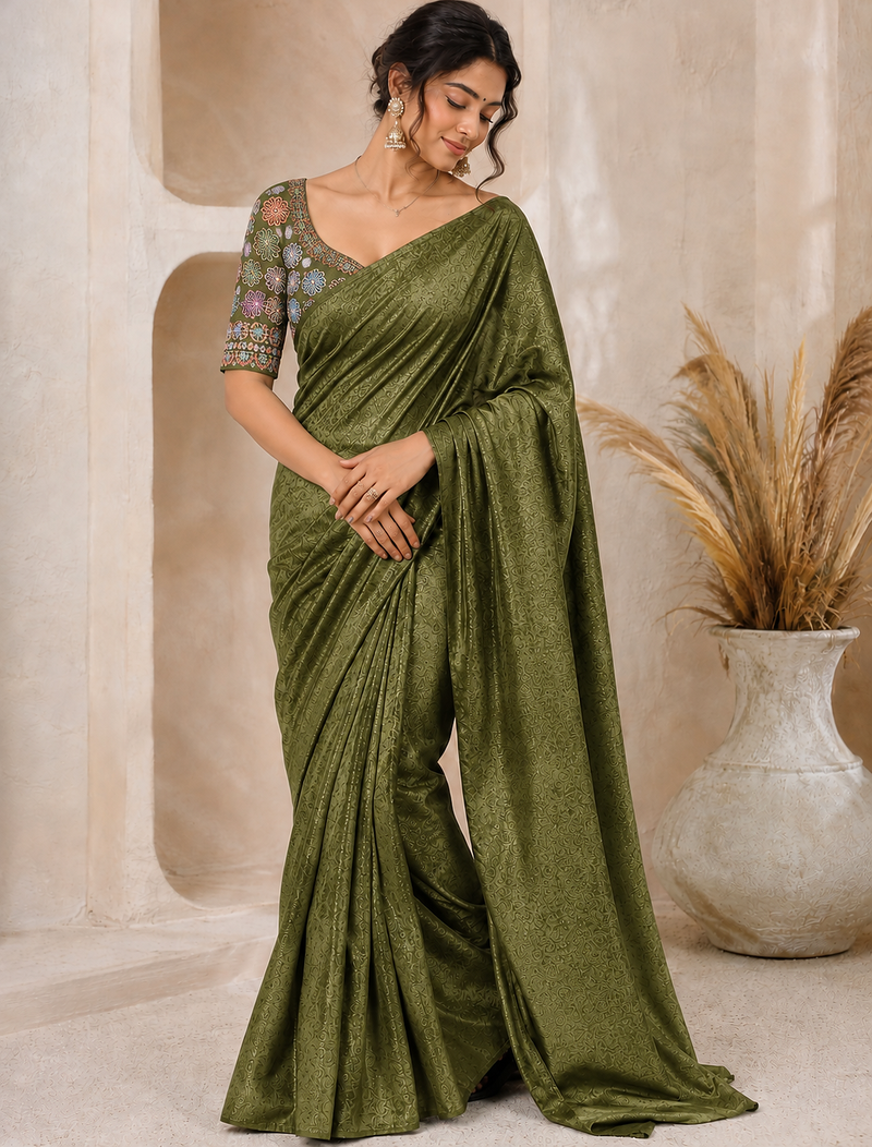 Mahendi Color Original flower design work work with floral design Silk blend Saree