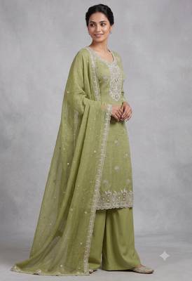 Green embroidered unstitched silk blend  suit material with heavy neck & border mirror work dupatta set 1