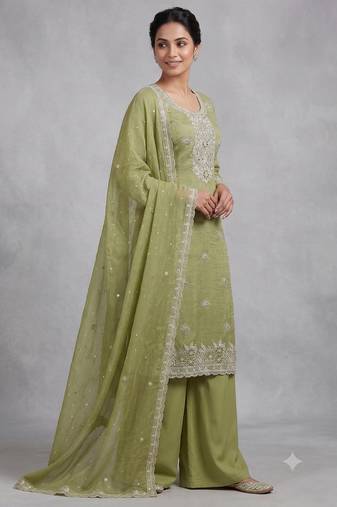 Green embroidered unstitched silk blend  suit material with heavy neck & border mirror work dupatta set