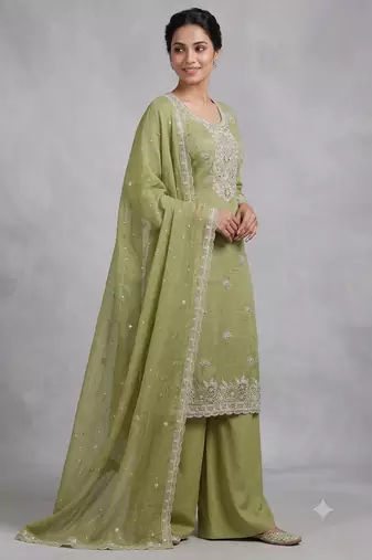 Green embroidered unstitched silk blend  suit material with heavy neck & border mirror work dupatta set