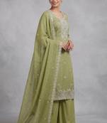 Green embroidered unstitched silk blend  suit material with heavy neck & border mirror work dupatta set