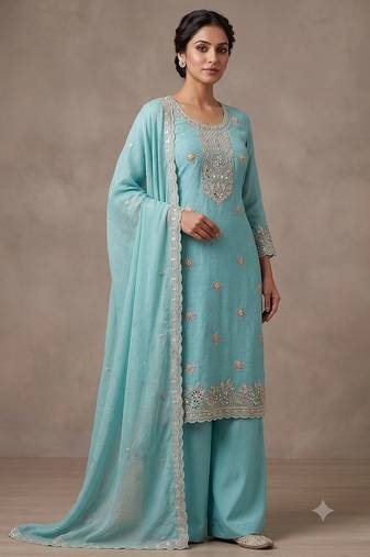 Sky blue embroidered unstitched silk blend  suit material with heavy neck & border mirror work dupatta set