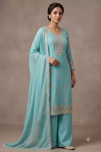 Sky blue embroidered unstitched silk blend  suit material with heavy neck & border mirror work dupatta set