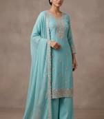 Sky blue embroidered unstitched silk blend  suit material with heavy neck & border mirror work dupatta set
