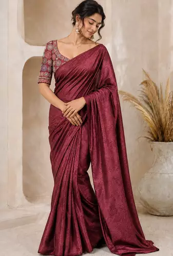Maroon Color Original flower design work work with floral design Silk blend Saree