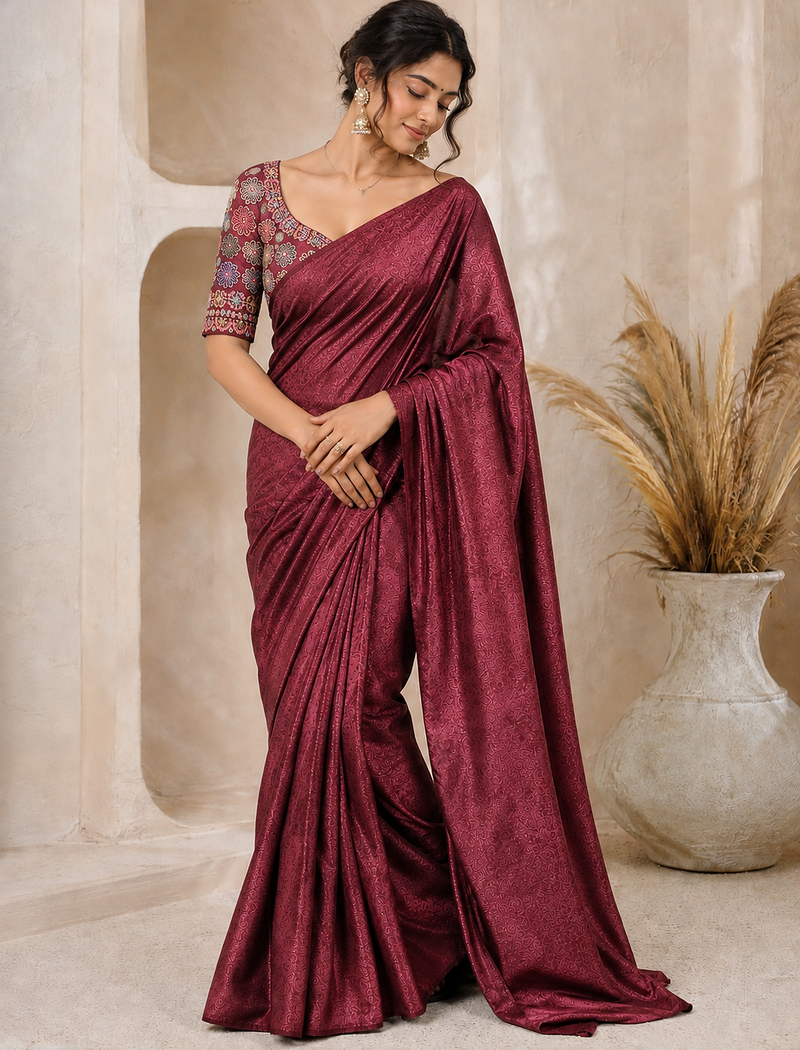Maroon Color Original flower design work work with floral design Silk blend Saree