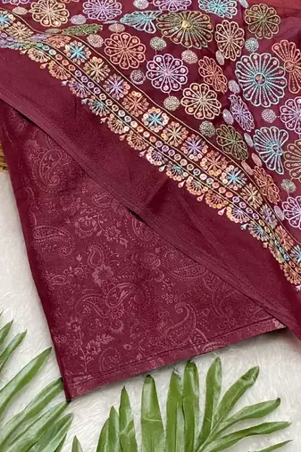 Maroon Color Original flower design work work with floral design Silk blend Saree