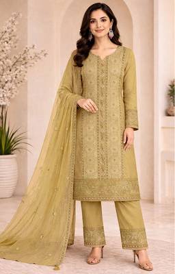 Elegant yellow fancy sequins embroidery dress material set 1