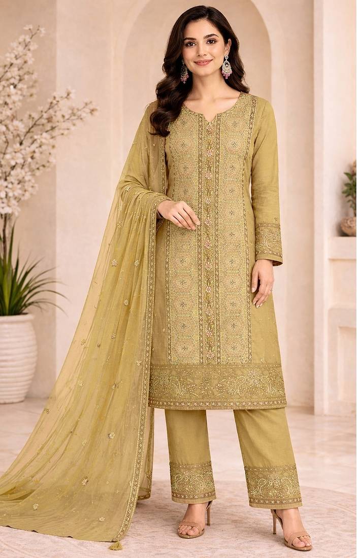 Elegant yellow fancy sequins embroidery dress material set
