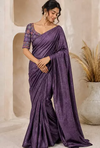 Purple Color Original flower design work work with floral design Silk blend Saree